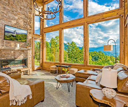 living room in cabin with mountain views