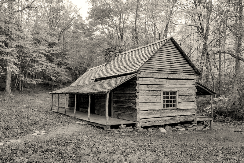 Black and white photo of the Noah Ogle Place in Gatlinburg.