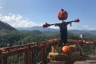 pumpkin scarecrow and fall decor in front of mountain view at Anakeesta