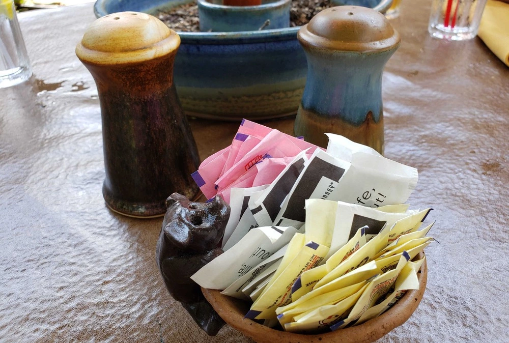 pottery salt & pepper shakers and sugar dish at Pottery House Cafe