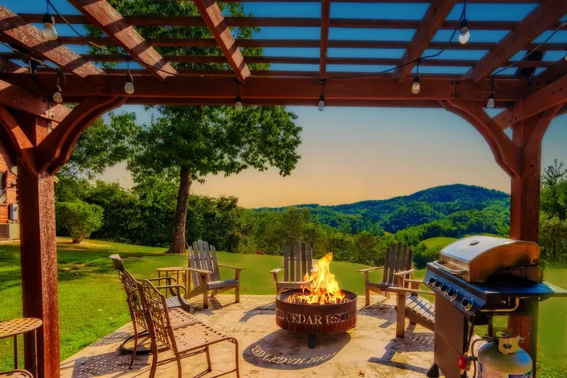 fire pit at Red Cedar Retreat cabin with mountain view